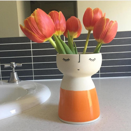 Accents Doll Shaped Flower Vase (Off-white & Orange)  H4.5" D3.5"