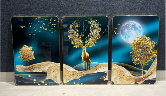 Accents Crystal Painting Set of 3- Deer With Tree and Moon